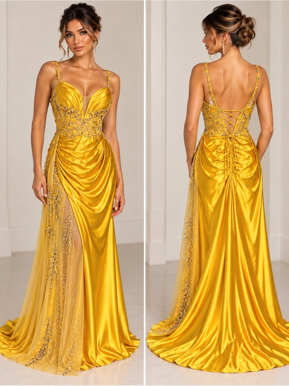 Juliet’s Bridal Gold Satin Beaded Corset Back Prom Gown Size L